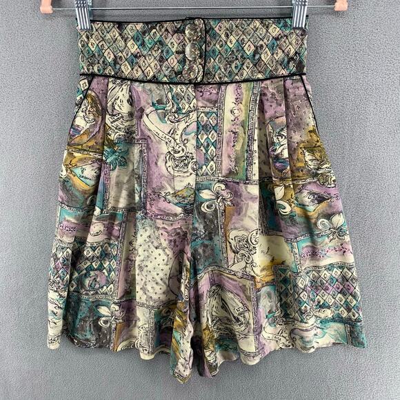 Vintage 80s Platinum Dorothy Schoelen Rayon Shorts 6 Blue Purple High Waisted